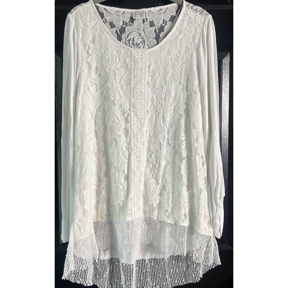 Cupio Tops - Cupio Sz M  Cream Lace Victorian Tunic Blouse Top Long Roll Tab Sleeve